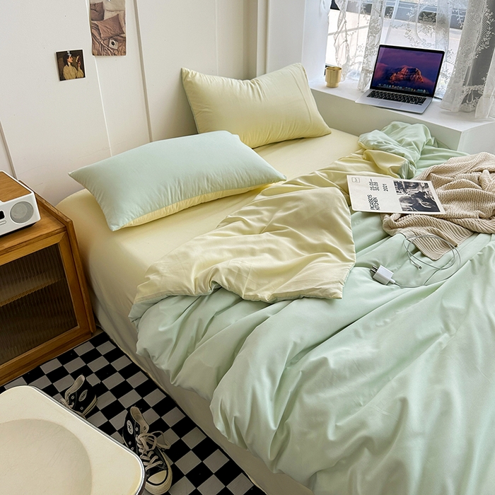 91家纺网 家纺一手货源 找家纺 梵克保罗 2025新款ins风小红书同款纯色双拼水洗棉四件套学生三件套亲肤加厚磨毛四件套混搭系列-单被套单枕套 双拼-薄荷芝士