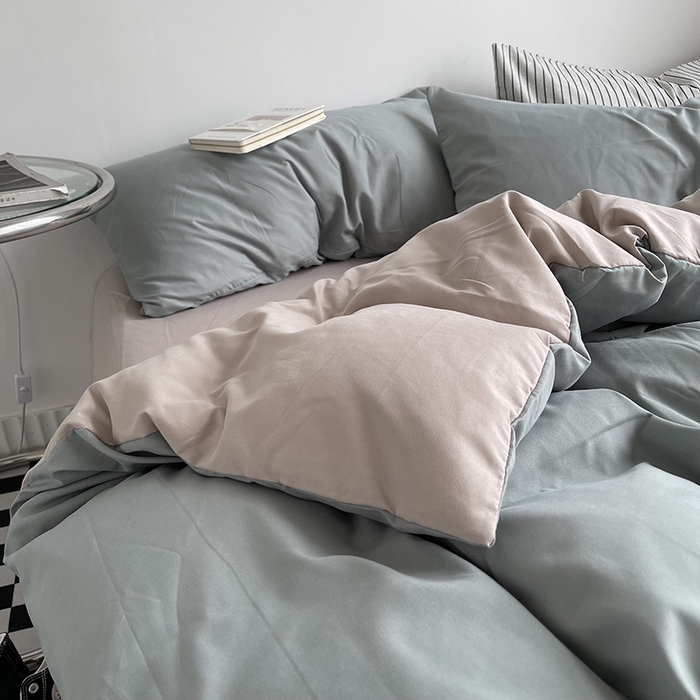 91家纺网 家纺一手货源 找家纺 梵克保罗 2025新款ins风小红书同款纯色双拼水洗棉四件套学生三件套亲肤加厚磨毛四件套混搭系列-单被套单枕套 双拼-抹茶卡其