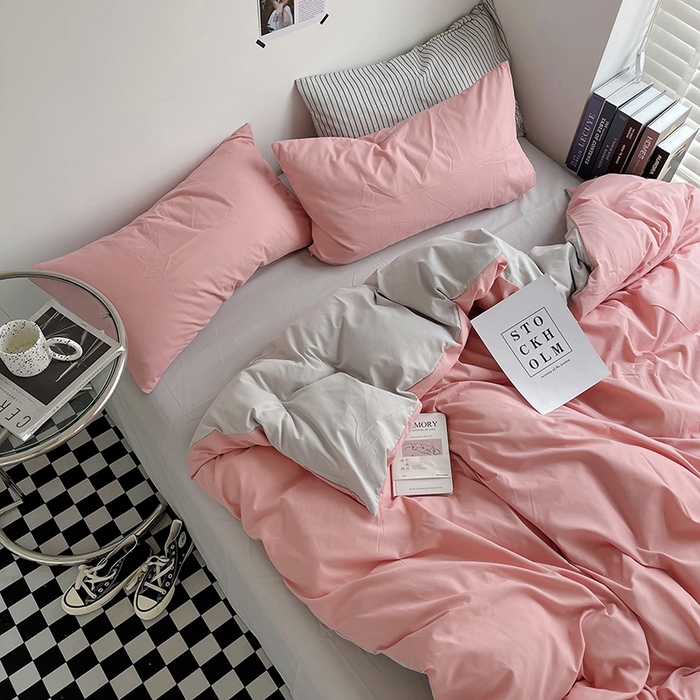 91家纺网 家纺一手货源 找家纺 梵克保罗 2025新款ins风小红书同款纯色双拼水洗棉四件套学生三件套亲肤加厚磨毛四件套混搭系列-单被套单枕套 双拼-豆沙浅灰