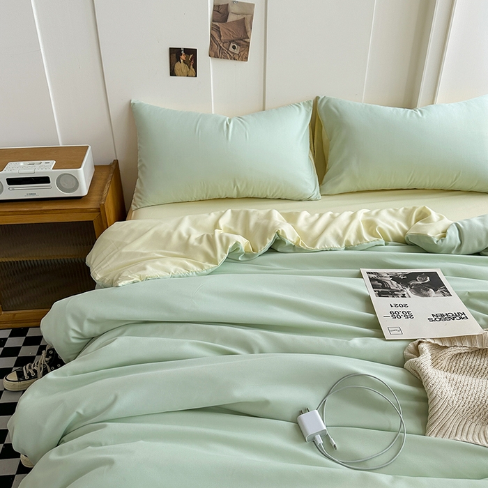91家纺网 家纺一手货源 找家纺 梵克保罗 2025新款ins风小红书同款纯色双拼水洗棉四件套学生三件套亲肤加厚磨毛四件套混搭系列-单被套单枕套 双拼-薄荷芝士