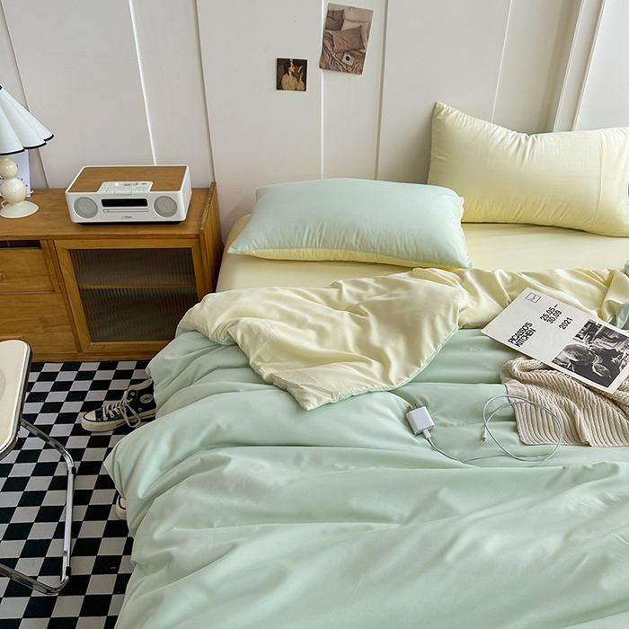 91家纺网 家纺一手货源 找家纺 梵克保罗 2025新款ins风小红书同款纯色双拼水洗棉四件套学生三件套亲肤加厚磨毛四件套混搭系列-单被套单枕套 双拼-薄荷芝士