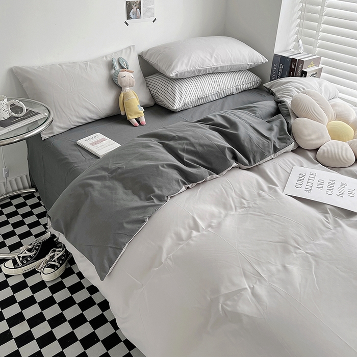 91家纺网 家纺一手货源 找家纺 梵克保罗 2025新款ins风小红书同款纯色双拼水洗棉四件套学生三件套亲肤加厚磨毛四件套混搭系列-单被套单枕套 双拼-雾霾灰