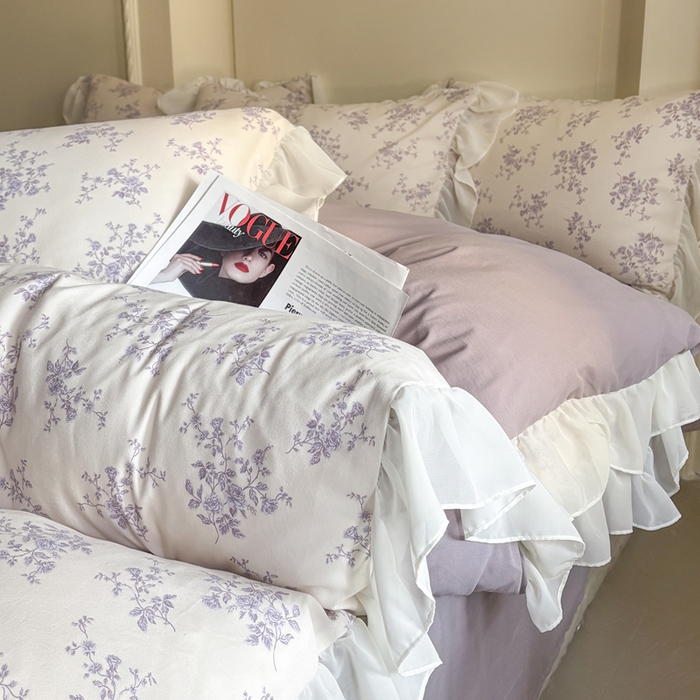 91家纺网 家纺一手货源 找家纺 梵克保罗 2025新款法式大花边针织棉四件套 紫黛