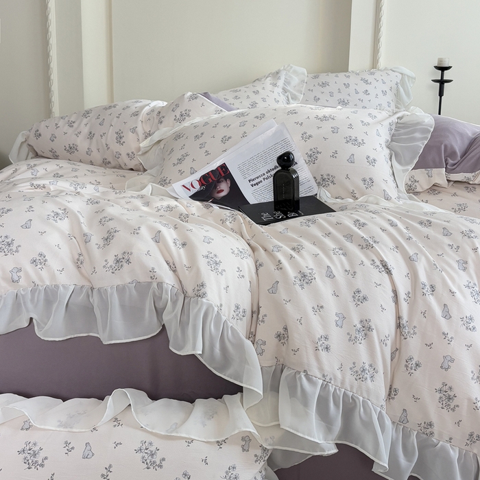 91家纺网 家纺一手货源 找家纺 梵克保罗 2025新款法式大花边针织棉四件套 丛林小兔