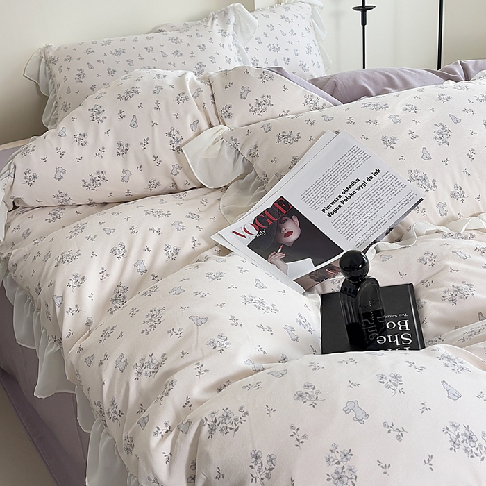 91家纺网 家纺一手货源 找家纺 梵克保罗 2025新款法式大花边针织棉四件套 丛林小兔