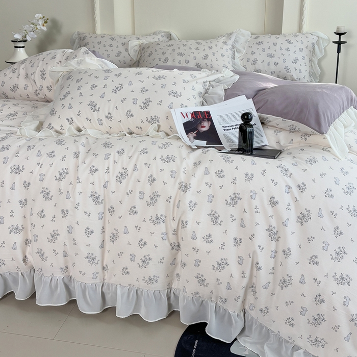 91家纺网 家纺一手货源 找家纺 梵克保罗 2025新款法式大花边针织棉四件套 丛林小兔