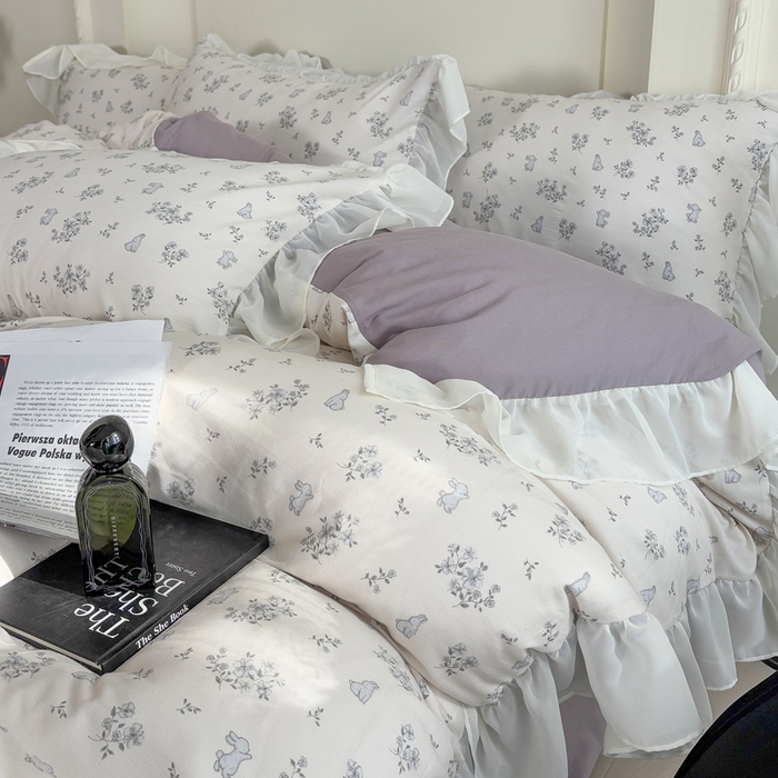 91家纺网 家纺一手货源 找家纺 梵克保罗 2025新款法式大花边针织棉四件套 丛林小兔