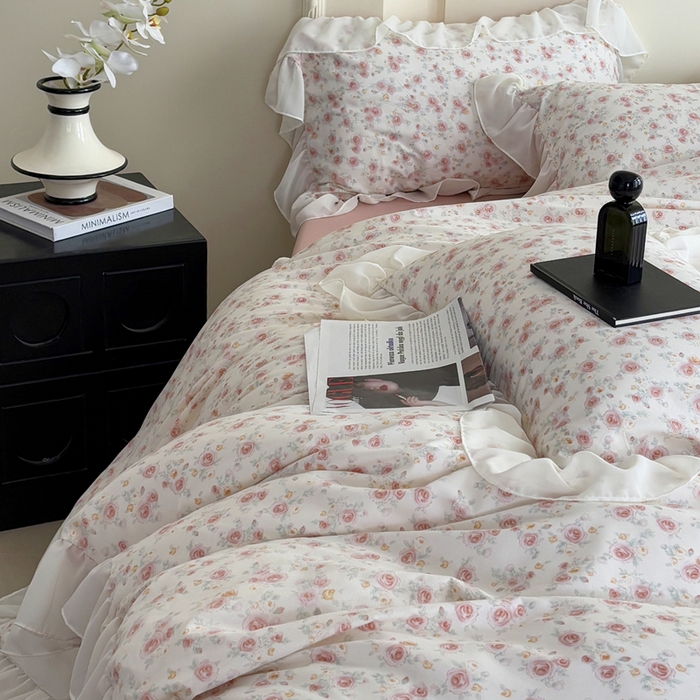 91家纺网 家纺一手货源 找家纺 梵克保罗 2025新款法式大花边针织棉四件套 赛琳娜-米黄