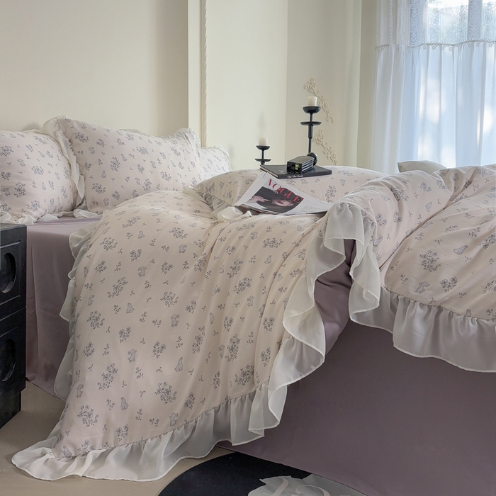 91家纺网 家纺一手货源 找家纺 梵克保罗 2025新款法式大花边针织棉四件套 丛林小兔