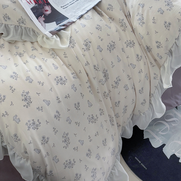 91家纺网 家纺一手货源 找家纺 梵克保罗 2025新款法式大花边针织棉四件套 丛林小兔