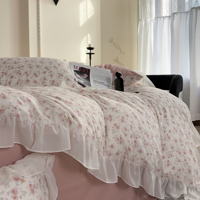 91家纺网 家纺一手货源 找家纺 梵克保罗 2025新款法式大花边针织棉四件套 赛琳娜-米黄