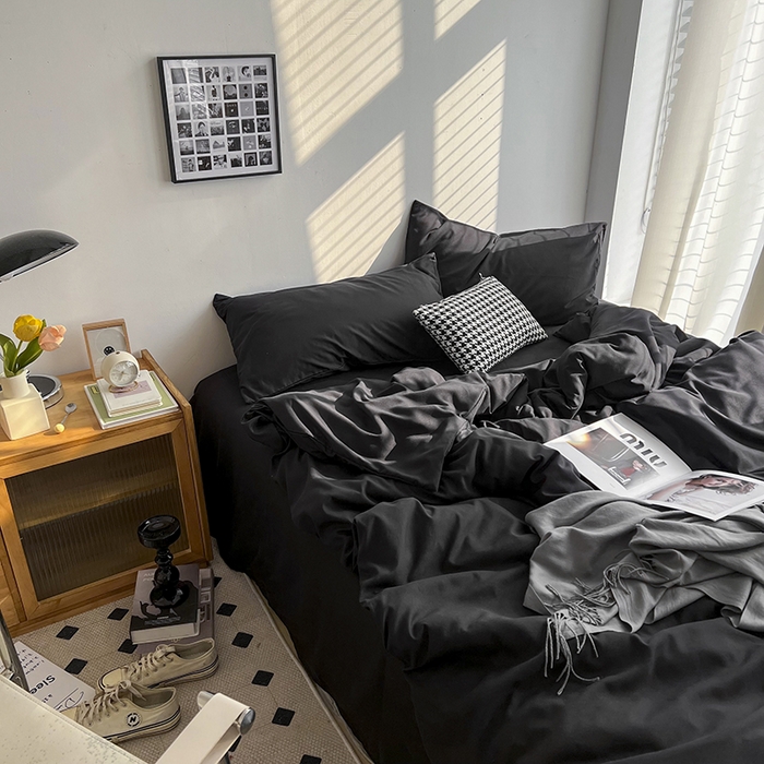 91家纺网 家纺一手货源 找家纺 梵克保罗 2025新款ins风小红书同款纯色双拼水洗棉四件套学生三件套亲肤加厚磨毛四件套混搭系列-单被套单枕套 纯色-黑