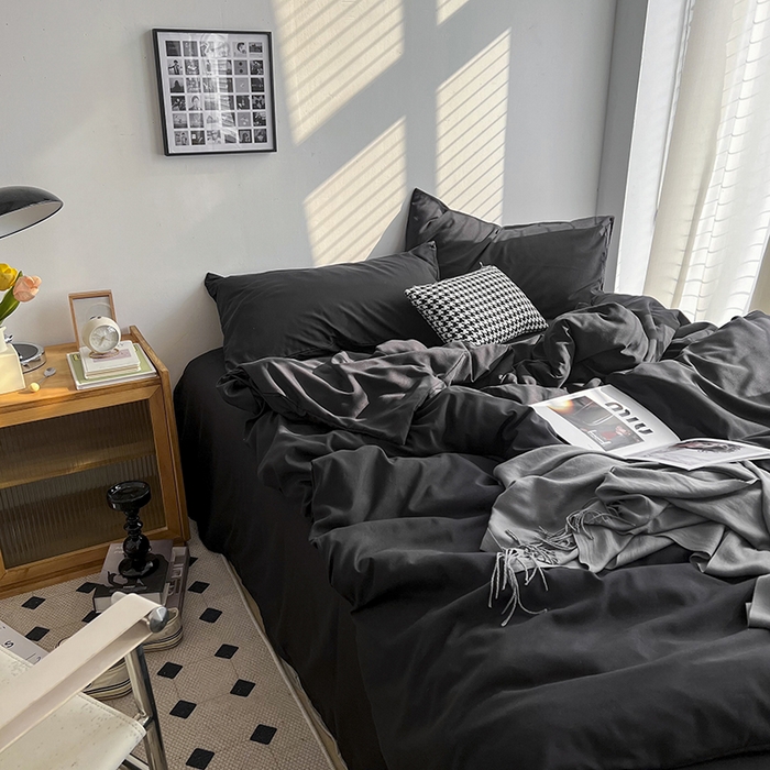 91家纺网 家纺一手货源 找家纺 梵克保罗 2025新款ins风小红书同款纯色双拼水洗棉四件套学生三件套亲肤加厚磨毛四件套混搭系列-单被套单枕套 纯色-黑