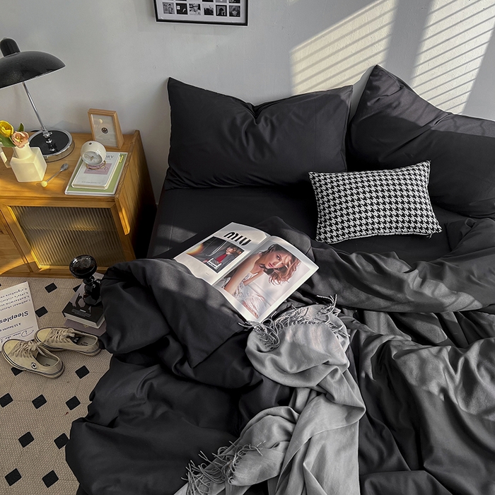 91家纺网 家纺一手货源 找家纺 梵克保罗 2025新款ins风小红书同款纯色双拼水洗棉四件套学生三件套亲肤加厚磨毛四件套混搭系列-单被套单枕套 纯色-黑
