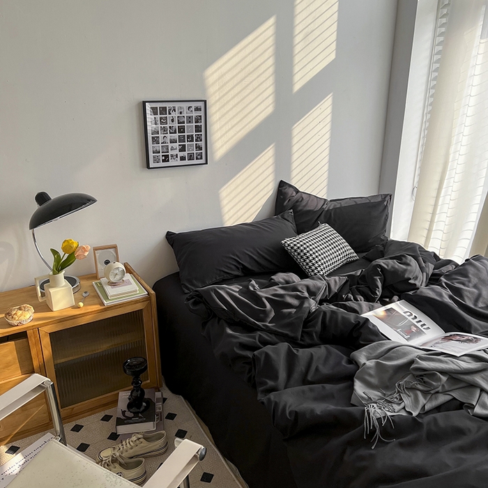 91家纺网 家纺一手货源 找家纺 梵克保罗 2025新款ins风小红书同款纯色双拼水洗棉四件套学生三件套亲肤加厚磨毛四件套混搭系列-单被套单枕套 纯色-黑