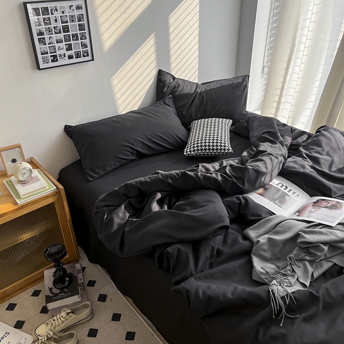 91家纺网 家纺一手货源 找家纺 梵克保罗 2025新款ins风小红书同款纯色双拼水洗棉四件套学生三件套亲肤加厚磨毛四件套混搭系列-单被套单枕套 纯色-黑