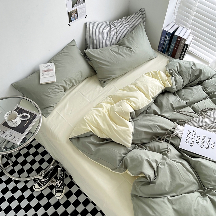 91家纺网 家纺一手货源 找家纺 梵克保罗 2025新款ins风小红书同款纯色双拼水洗棉四件套学生三件套亲肤加厚磨毛四件套混搭系列-单被套单枕套 双拼-抹茶芝士