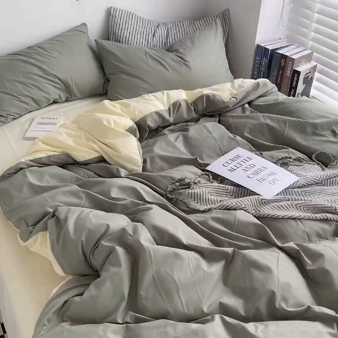 91家纺网 家纺一手货源 找家纺 梵克保罗 2025新款ins风小红书同款纯色双拼水洗棉四件套学生三件套亲肤加厚磨毛四件套混搭系列-单被套单枕套 双拼-抹茶芝士