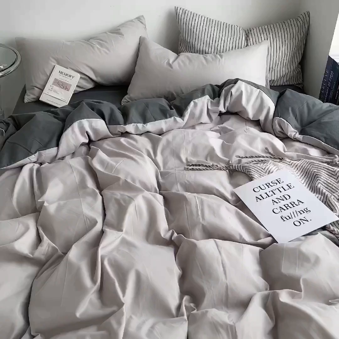 91家纺网 家纺一手货源 找家纺 梵克保罗 2025新款ins风小红书同款纯色双拼水洗棉四件套学生三件套亲肤加厚磨毛四件套混搭系列-单被套单枕套 双拼-雾霾灰