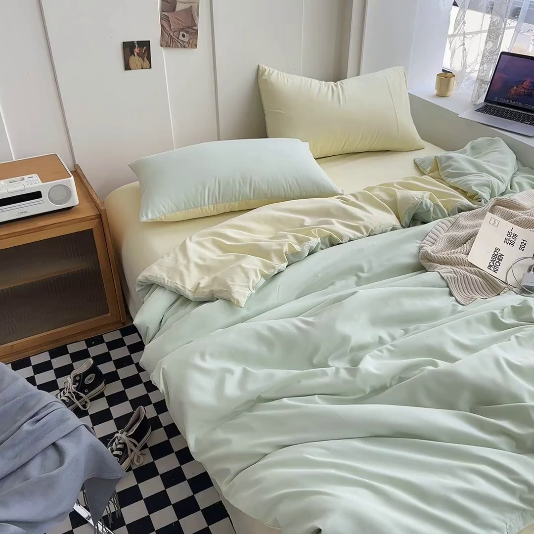 91家纺网 家纺一手货源 找家纺 梵克保罗 2025新款ins风小红书同款纯色双拼水洗棉四件套学生三件套亲肤加厚磨毛四件套混搭系列-单被套单枕套 双拼-薄荷芝士