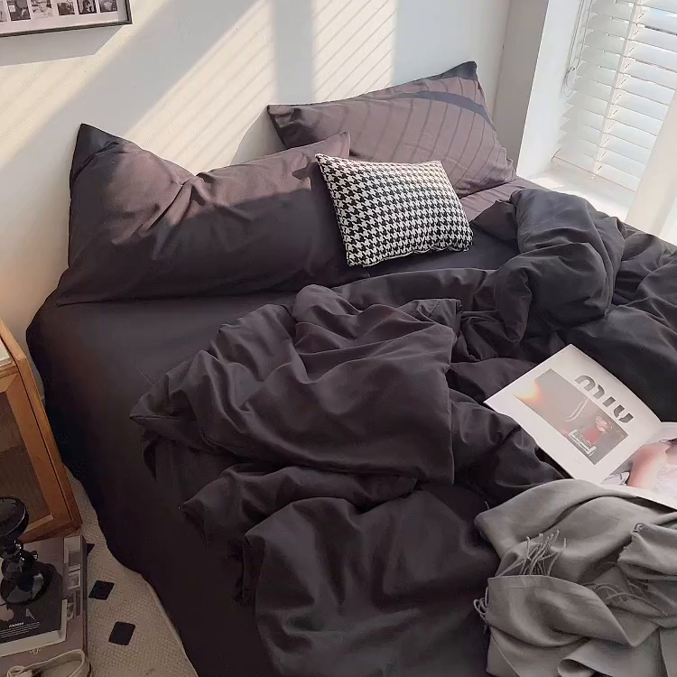 91家纺网 家纺一手货源 找家纺 梵克保罗 2025新款ins风小红书同款纯色双拼水洗棉四件套学生三件套亲肤加厚磨毛四件套混搭系列-单被套单枕套 纯色-黑