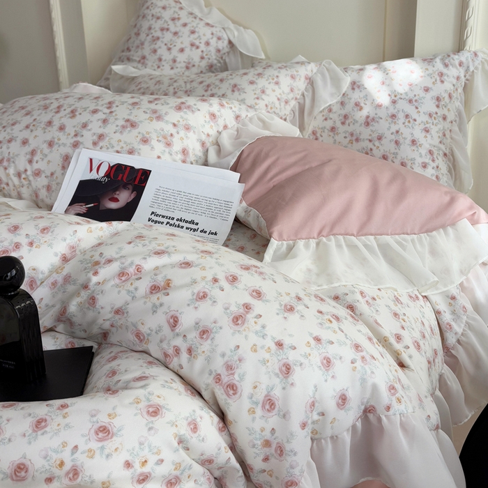 91家纺网 家纺一手货源 找家纺 梵克保罗 2025新款法式大花边针织棉四件套 赛琳娜-米黄