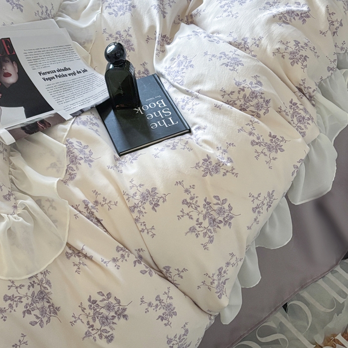 91家纺网 家纺一手货源 找家纺 梵克保罗 2025新款法式大花边针织棉四件套 紫黛