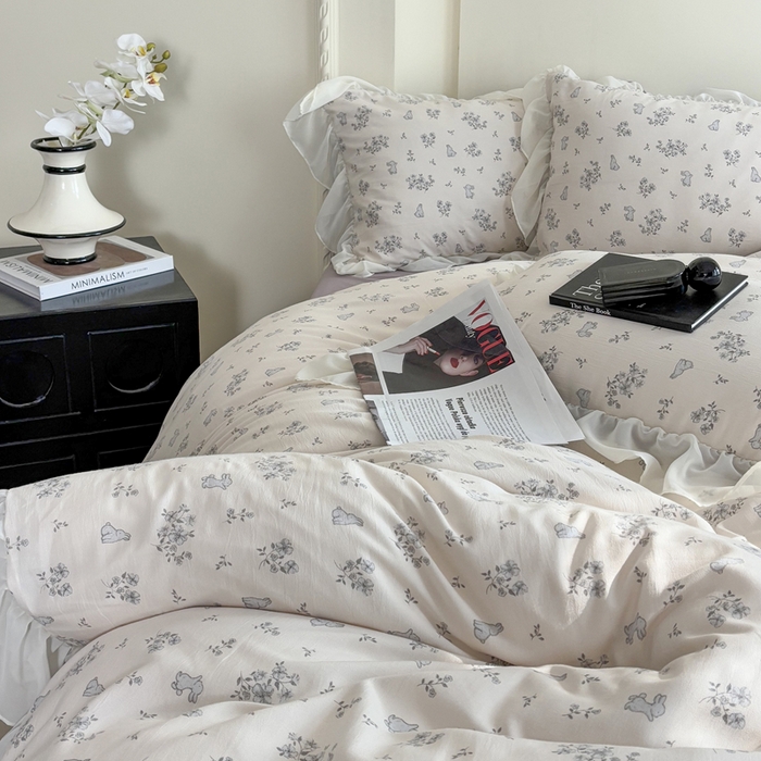 91家纺网 家纺一手货源 找家纺 梵克保罗 2025新款法式大花边针织棉四件套 丛林小兔