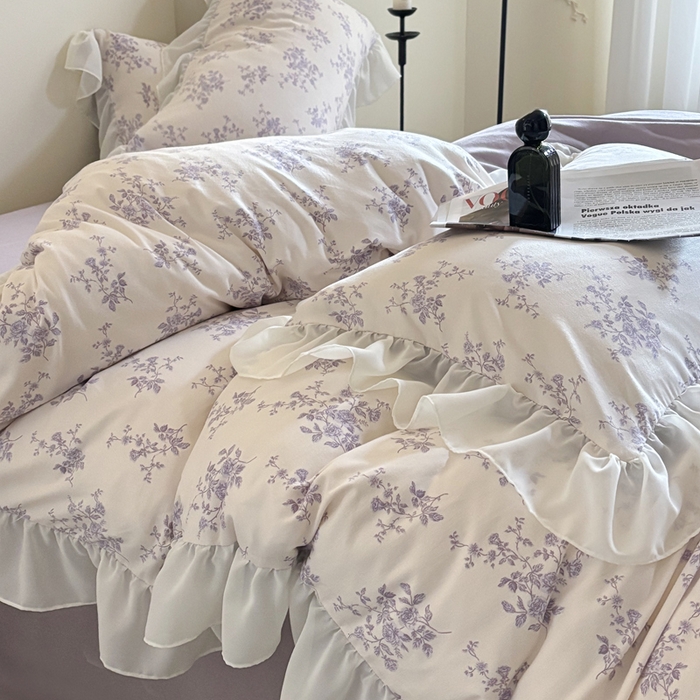 91家纺网 家纺一手货源 找家纺 梵克保罗 2025新款法式大花边针织棉四件套 紫黛