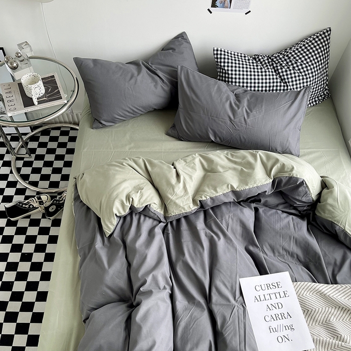 91家纺网 家纺一手货源 找家纺 梵克保罗 2025新款ins风小红书同款纯色双拼水洗棉四件套学生三件套亲肤加厚磨毛四件套混搭系列-单被套单枕套 双拼-深灰抹茶