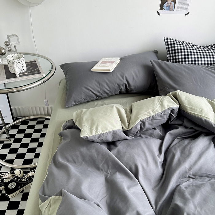 91家纺网 家纺一手货源 找家纺 梵克保罗 2025新款ins风小红书同款纯色双拼水洗棉四件套学生三件套亲肤加厚磨毛四件套混搭系列-单被套单枕套 双拼-深灰抹茶