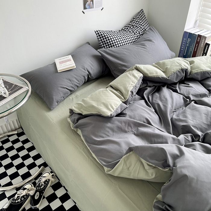 91家纺网 家纺一手货源 找家纺 梵克保罗 2025新款ins风小红书同款纯色双拼水洗棉四件套学生三件套亲肤加厚磨毛四件套混搭系列-单被套单枕套 双拼-深灰抹茶