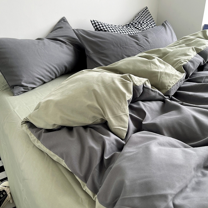91家纺网 家纺一手货源 找家纺 梵克保罗 2025新款ins风小红书同款纯色双拼水洗棉四件套学生三件套亲肤加厚磨毛四件套混搭系列-单被套单枕套 双拼-深灰抹茶