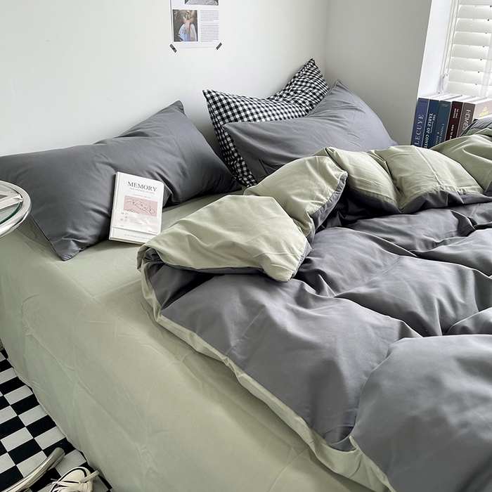 91家纺网 家纺一手货源 找家纺 梵克保罗 2025新款ins风小红书同款纯色双拼水洗棉四件套学生三件套亲肤加厚磨毛四件套混搭系列-单被套单枕套 双拼-深灰抹茶