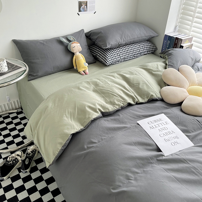 91家纺网 家纺一手货源 找家纺 梵克保罗 2025新款ins风小红书同款纯色双拼水洗棉四件套学生三件套亲肤加厚磨毛四件套混搭系列-单被套单枕套 双拼-深灰抹茶