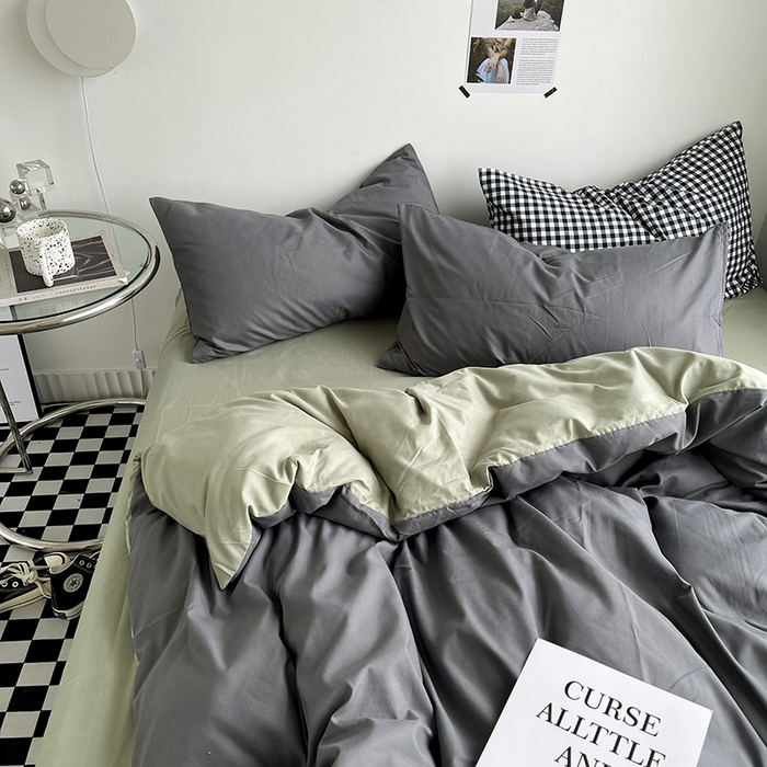 91家纺网 家纺一手货源 找家纺 梵克保罗 2025新款ins风小红书同款纯色双拼水洗棉四件套学生三件套亲肤加厚磨毛四件套混搭系列-单被套单枕套 双拼-深灰抹茶