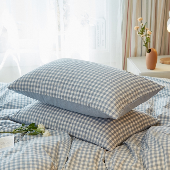 91家纺网 家纺一手货源 找家纺 梵克保罗 2025新款无印风四件套系列 天蓝小格-床笠款