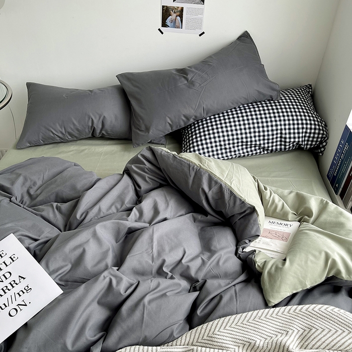 91家纺网 家纺一手货源 找家纺 梵克保罗 2025新款ins风小红书同款纯色双拼水洗棉四件套学生三件套亲肤加厚磨毛四件套混搭系列-单被套单枕套 双拼-深灰抹茶