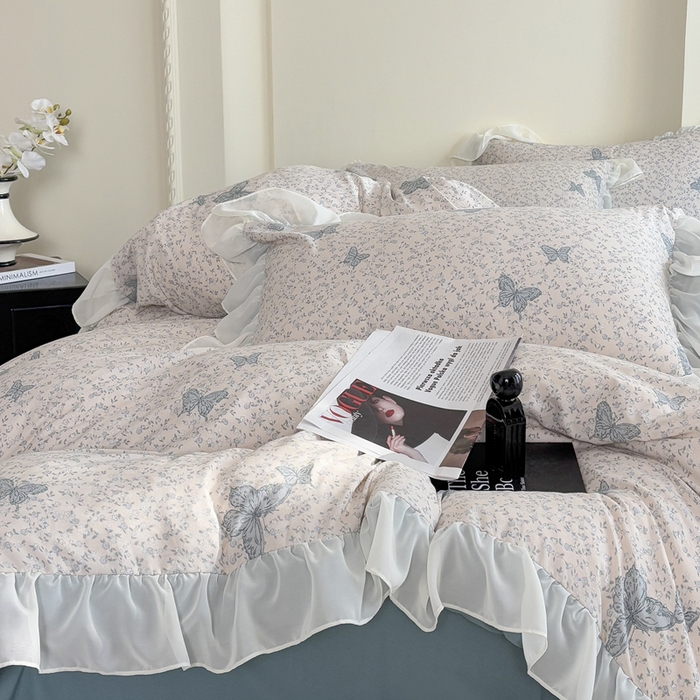 91家纺网 家纺一手货源 找家纺 梵克保罗 2025新款法式大花边针织棉四件套 蝶舞