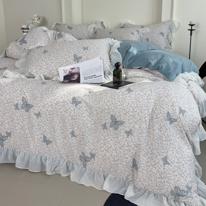 91家纺网 家纺一手货源 找家纺 梵克保罗 2025新款法式大花边针织棉四件套 蝶舞