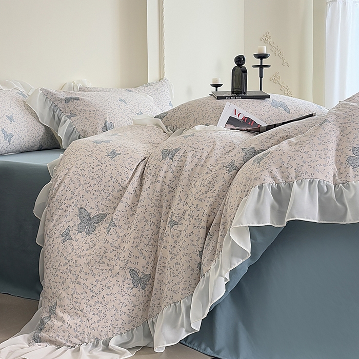 91家纺网 家纺一手货源 找家纺 梵克保罗 2025新款法式大花边针织棉四件套 蝶舞