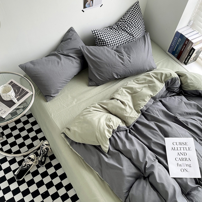 91家纺网 家纺一手货源 找家纺 梵克保罗 2025新款ins风小红书同款纯色双拼水洗棉四件套学生三件套亲肤加厚磨毛四件套混搭系列-单被套单枕套 双拼-深灰抹茶