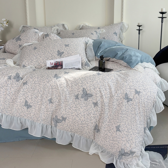 91家纺网 家纺一手货源 找家纺 梵克保罗 2025新款法式大花边针织棉四件套 蝶舞