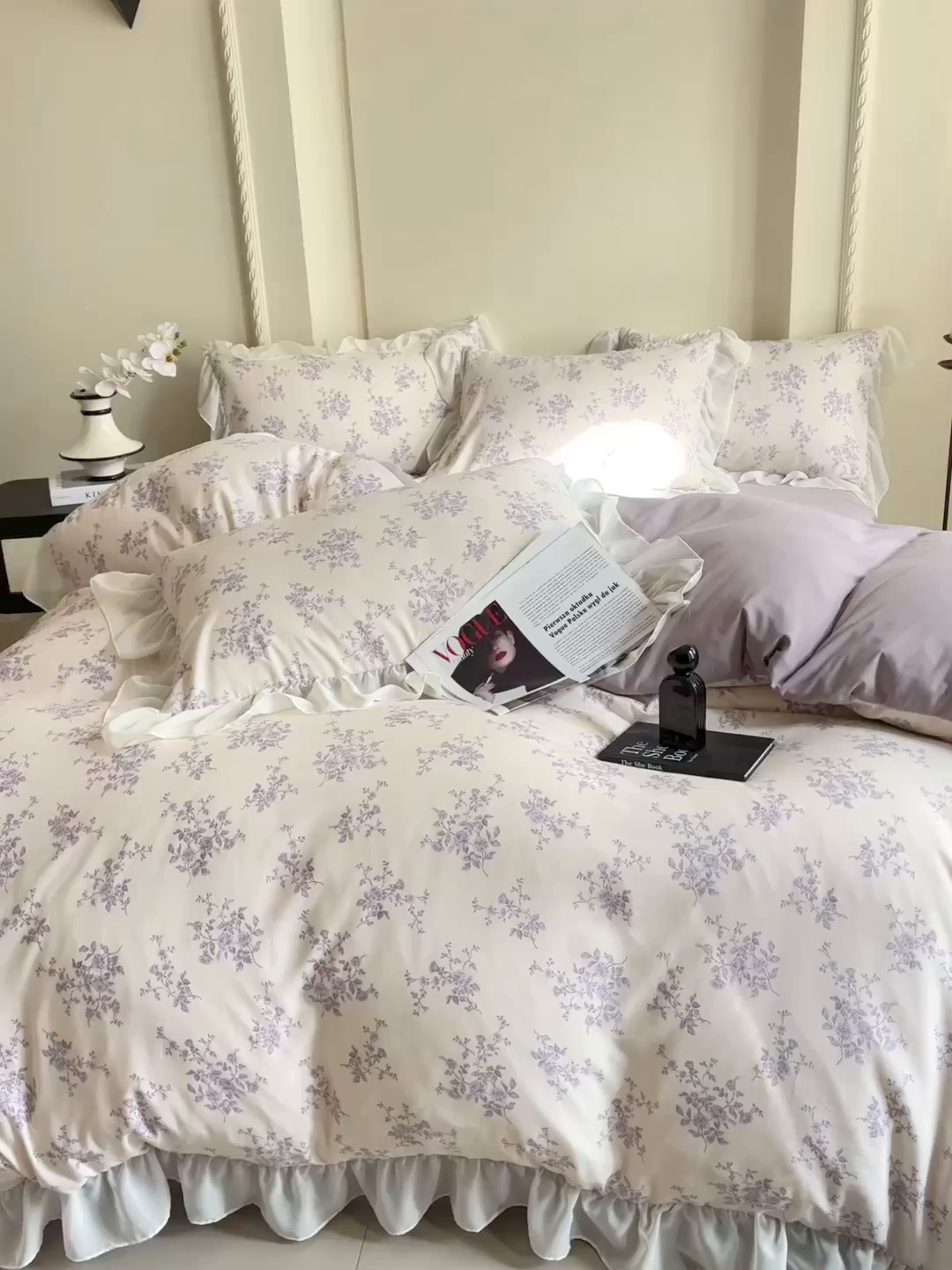 91家纺网 家纺一手货源 找家纺 梵克保罗 2025新款法式大花边针织棉四件套 紫黛