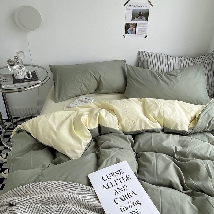 91家纺网 家纺一手货源 找家纺 梵克保罗 2025新款ins风小红书同款纯色双拼水洗棉四件套学生三件套亲肤加厚磨毛四件套混搭系列-单被套单枕套 双拼-抹茶芝士