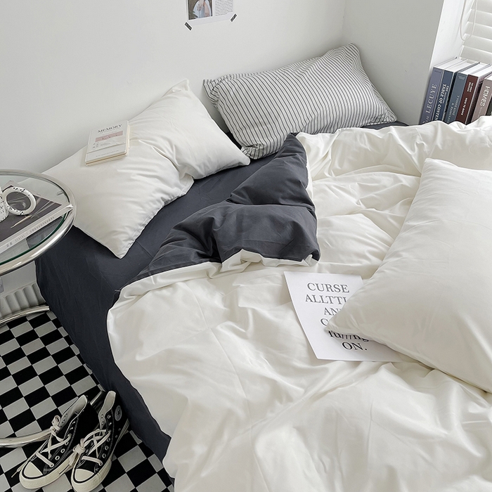 91家纺网 家纺一手货源 找家纺 梵克保罗 2025新款ins风小红书同款纯色双拼水洗棉四件套学生三件套亲肤加厚磨毛四件套混搭系列-单被套单枕套 双拼-白蓝灰