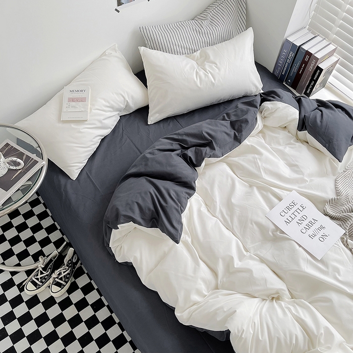 91家纺网 家纺一手货源 找家纺 梵克保罗 2025新款ins风小红书同款纯色双拼水洗棉四件套学生三件套亲肤加厚磨毛四件套混搭系列-单被套单枕套 双拼-白蓝灰