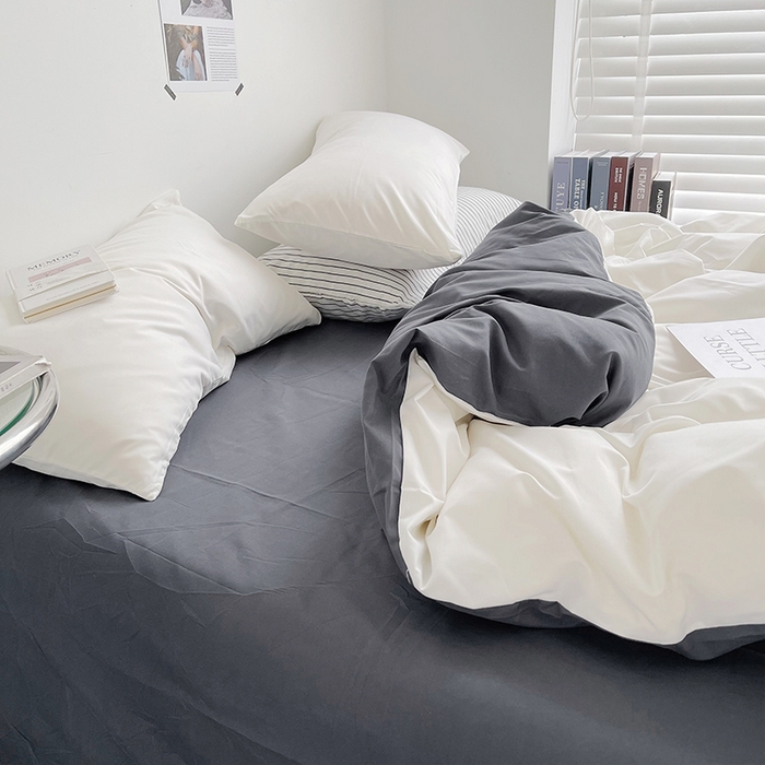 91家纺网 家纺一手货源 找家纺 梵克保罗 2025新款ins风小红书同款纯色双拼水洗棉四件套学生三件套亲肤加厚磨毛四件套混搭系列-单被套单枕套 双拼-白蓝灰