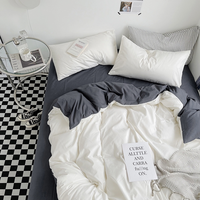 91家纺网 家纺一手货源 找家纺 梵克保罗 2025新款ins风小红书同款纯色双拼水洗棉四件套学生三件套亲肤加厚磨毛四件套混搭系列-单被套单枕套 双拼-白蓝灰