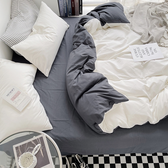 91家纺网 家纺一手货源 找家纺 梵克保罗 2025新款ins风小红书同款纯色双拼水洗棉四件套学生三件套亲肤加厚磨毛四件套混搭系列-单被套单枕套 双拼-白蓝灰